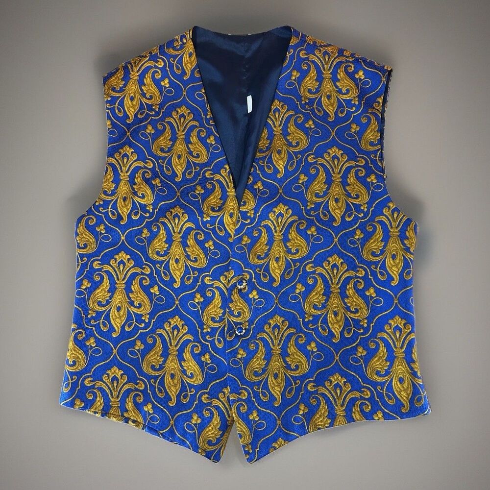 Silk Designer Vest Serafino Ziccarelli Italian Couture Large Blue Gold Baroque